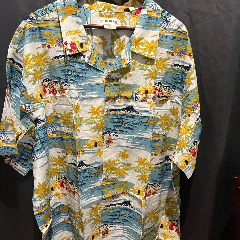 John Blair Men's Island Print Casual Shirt - Blue and Yellow